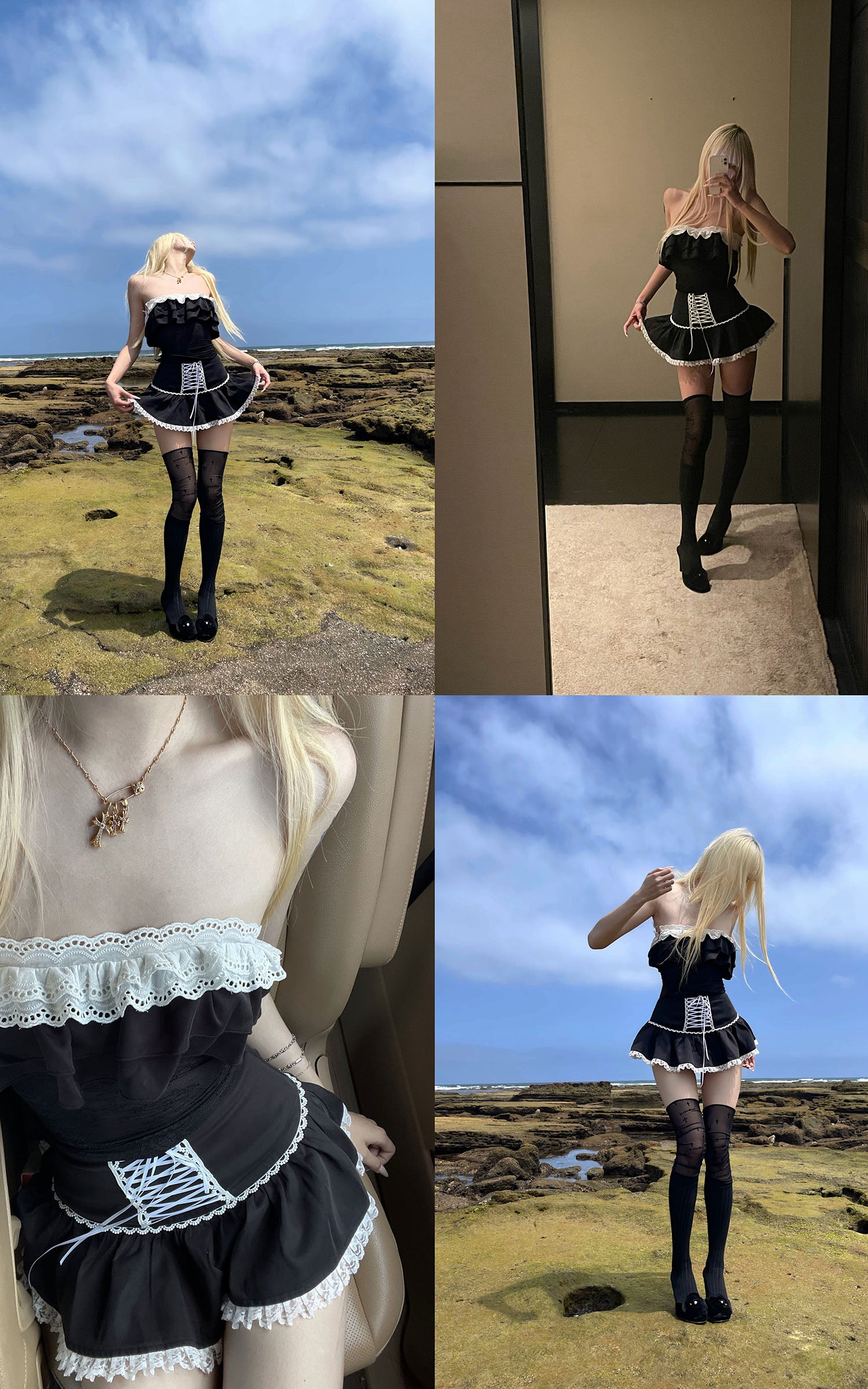 Rase le sol Cross-Laced Ruffle Strapless Top &amp; Layered Lace Mini Skirt Set