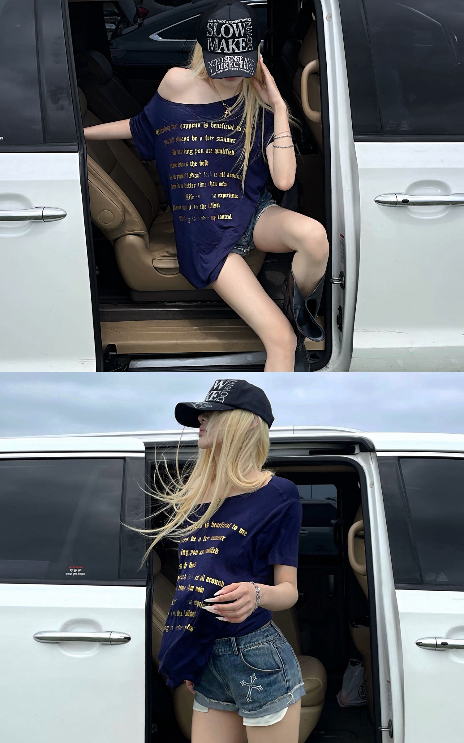 Rase le sol Navy Oversized Graphic T-Shirt with Gold Print
