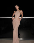 ROVENTE Embellished Lace Open Back Ruched Mesh Maxi Dress