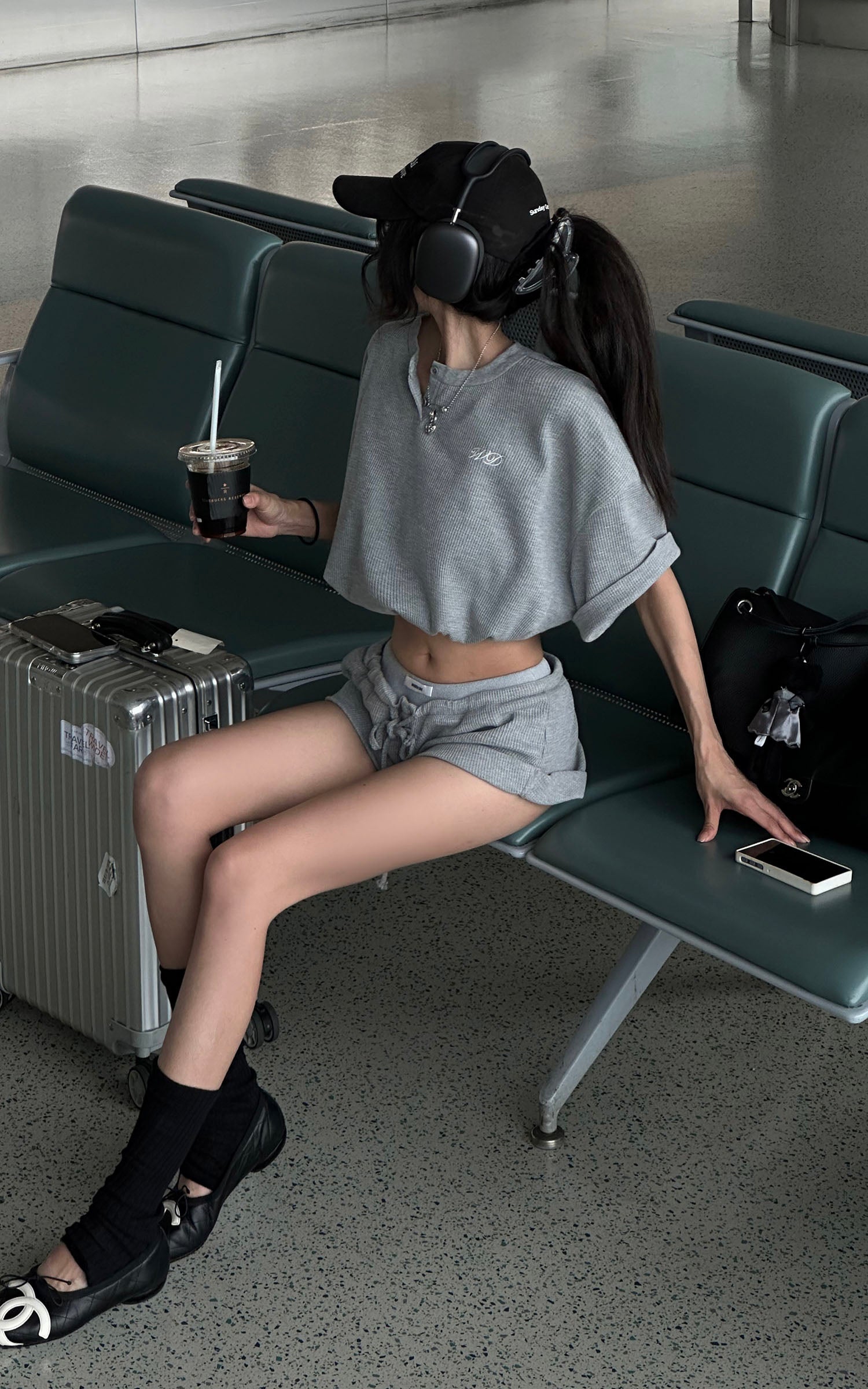 WARDEN EDGE Waffle Crop Tee &amp; Drawstring Shorts Set