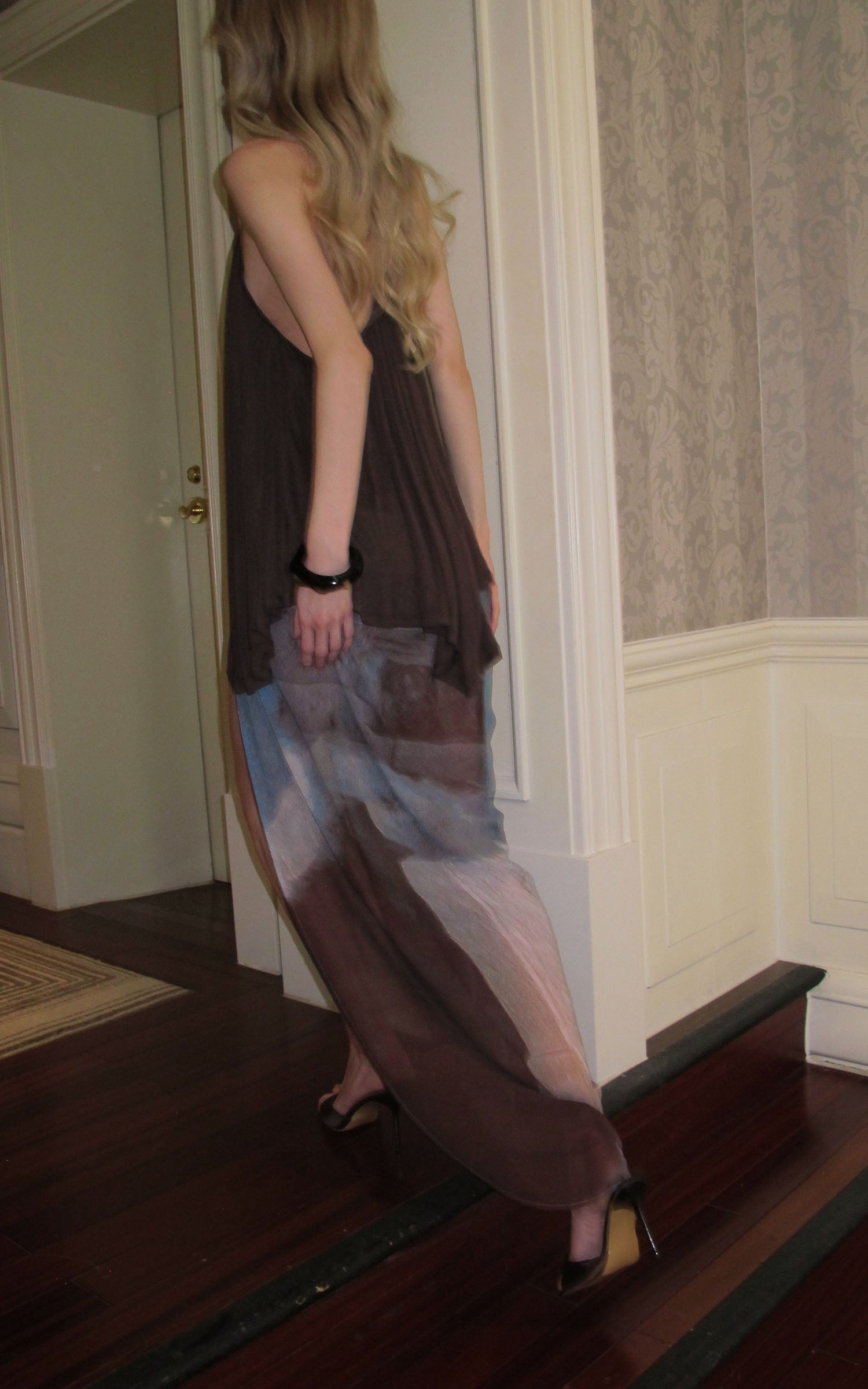 0122stepll Sheer Printed Draped Maxi Skirt