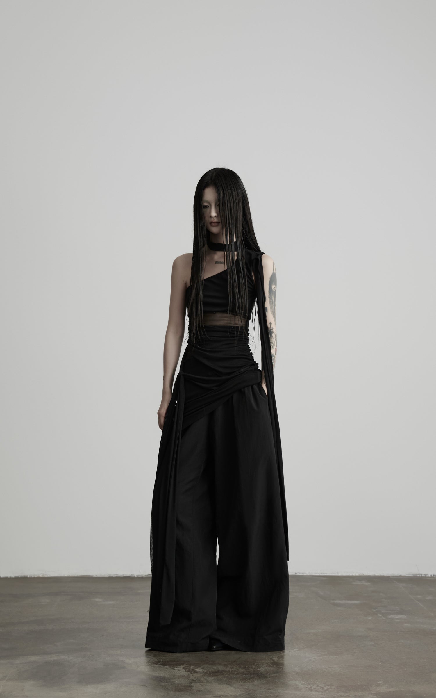 DOINDULGE One-Shoulder Sheer Draped Mini Dress