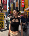 Hydrae 넥타이 컷아웃 슬림 반소매 탑