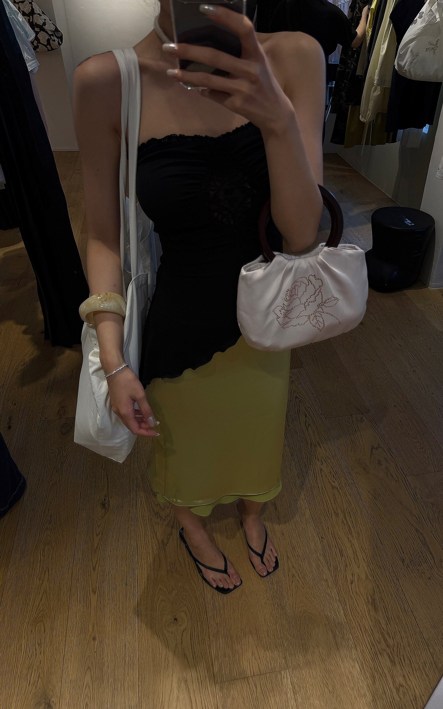 Hydrae Rhinestone Rose Satin Mini Handbag with Sculptural Wooden Ring Handles