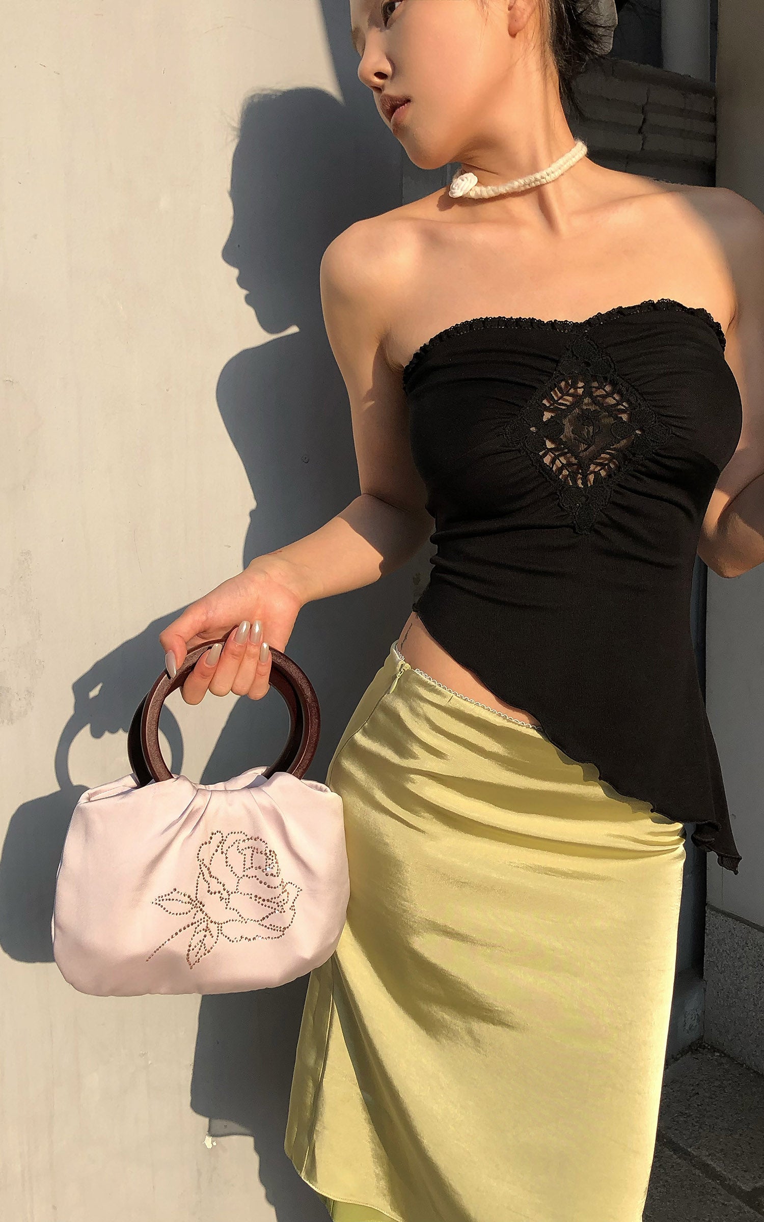 Hydrae Rhinestone Rose Satin Mini Handbag with Sculptural Wooden Ring Handles