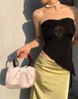 Hydrae Rhinestone Rose Satin Mini Handbag with Sculptural Wooden Ring Handles
