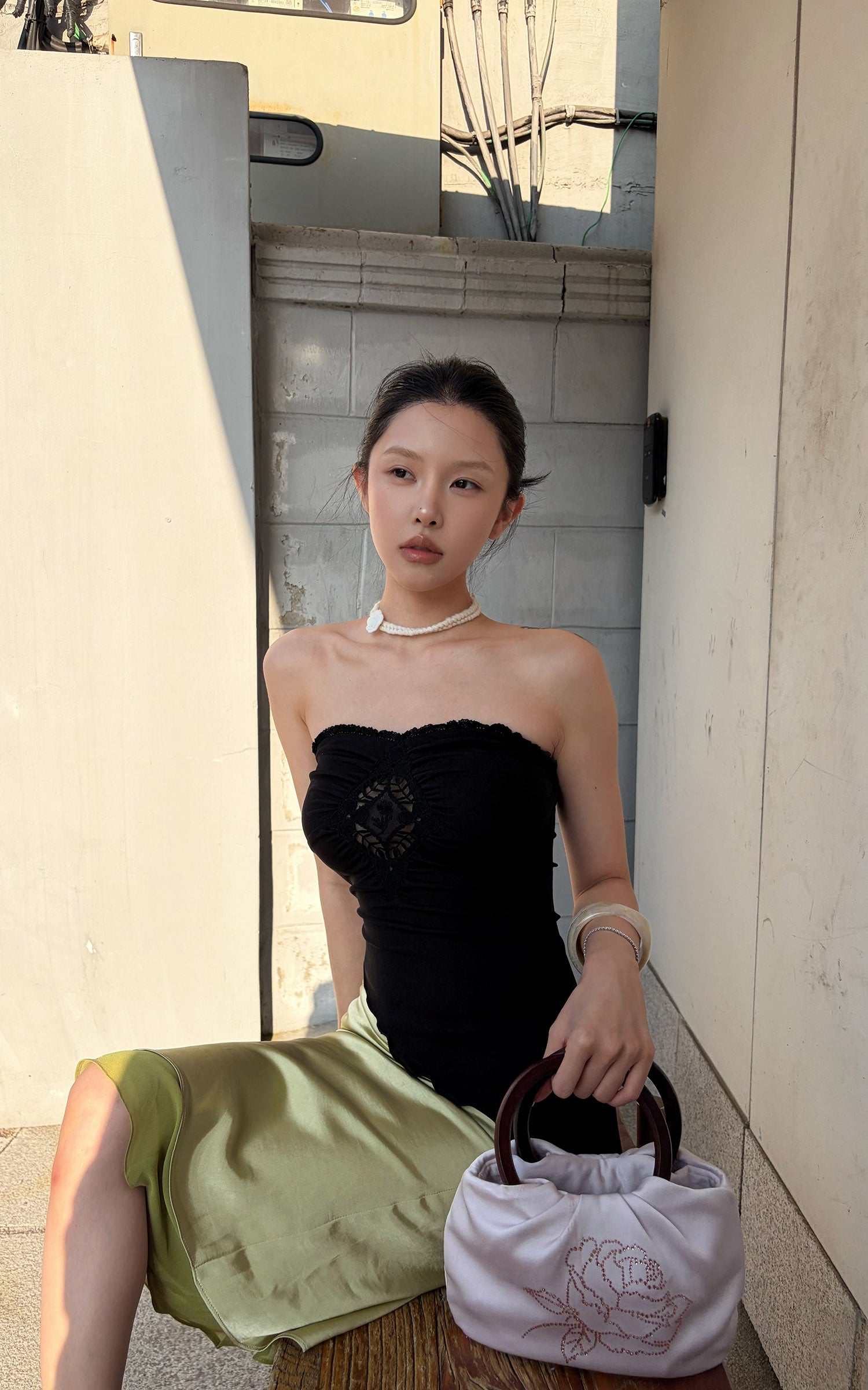 Hydrae Strapless Lace Panel Asymmetric Hem Top