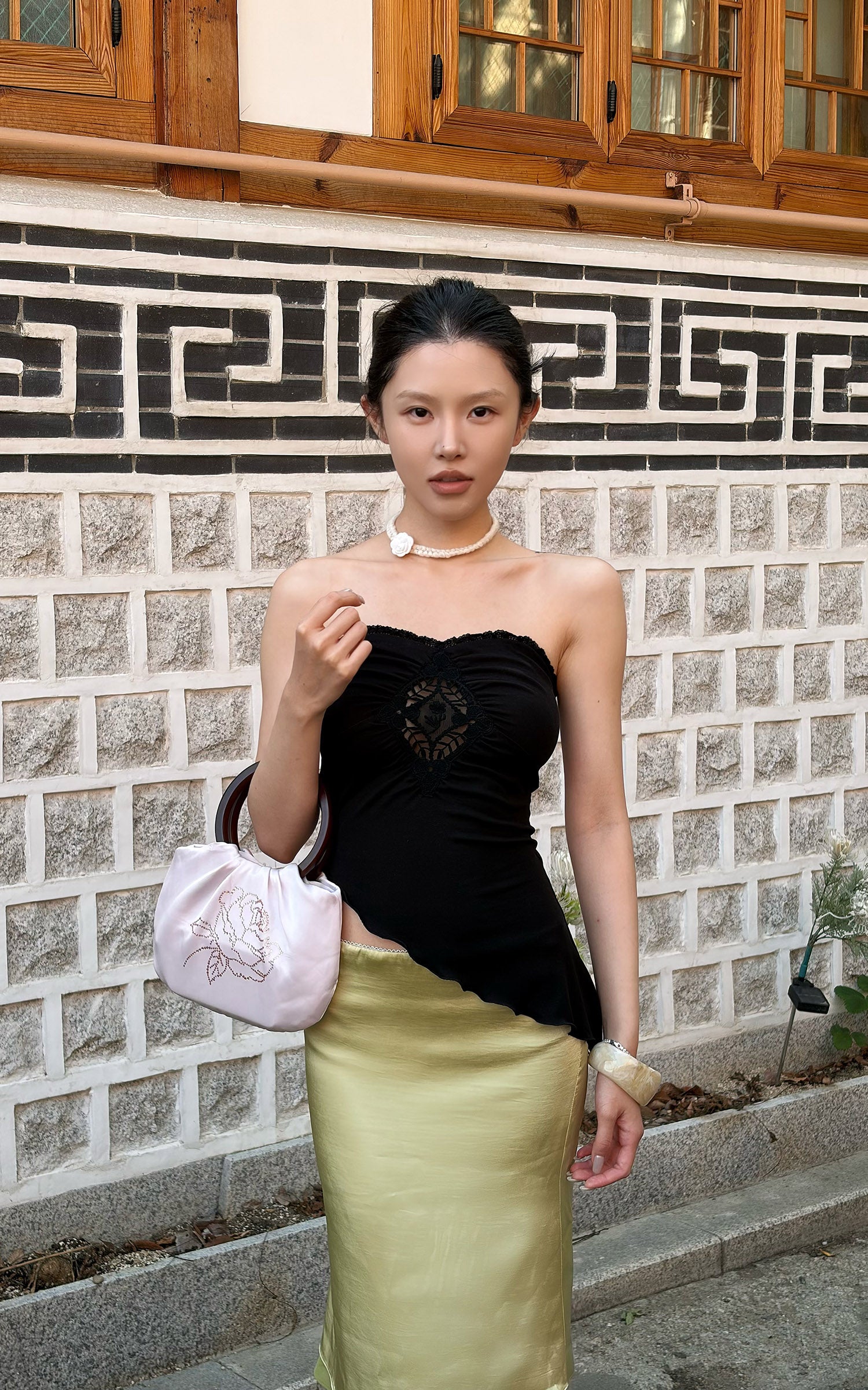 Hydrae Strapless Lace Panel Asymmetric Hem Top