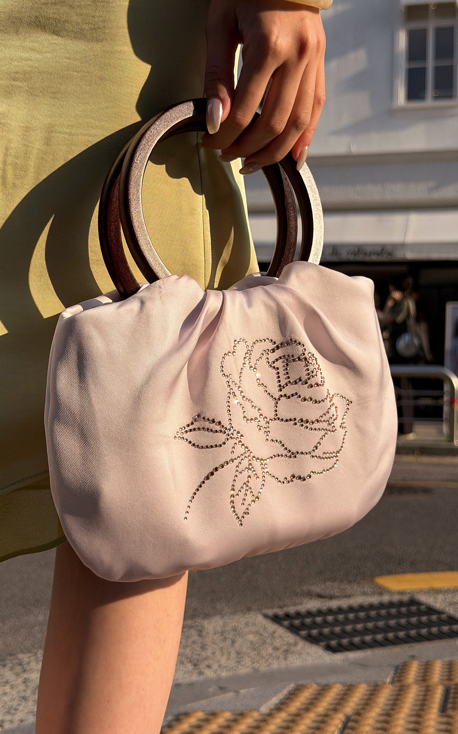 Hydrae Rhinestone Rose Satin Mini Handbag with Sculptural Wooden Ring Handles