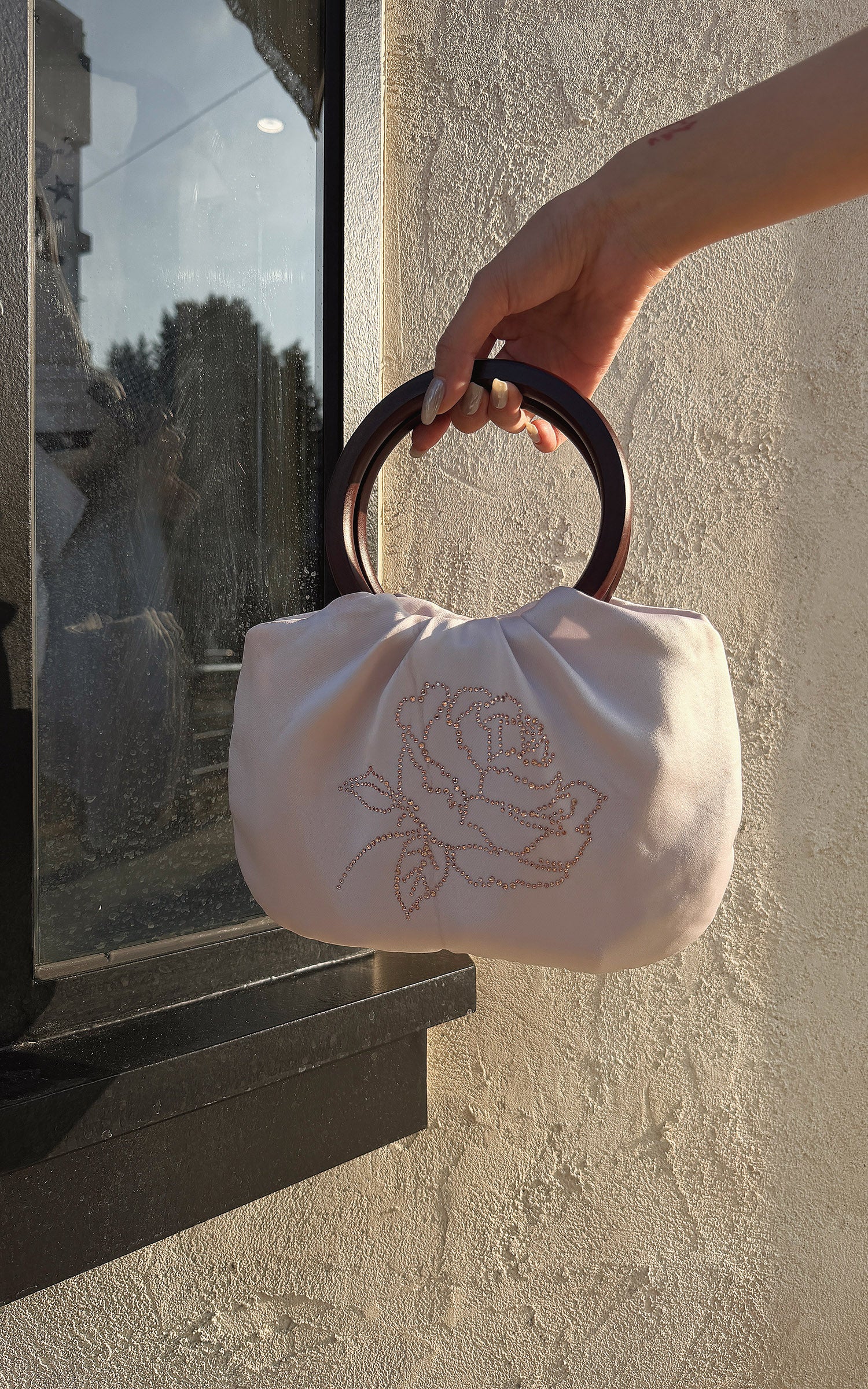 Hydrae Rhinestone Rose Satin Mini Handbag with Sculptural Wooden Ring Handles