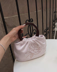 Hydrae Rhinestone Rose Satin Mini Handbag with Sculptural Wooden Ring Handles