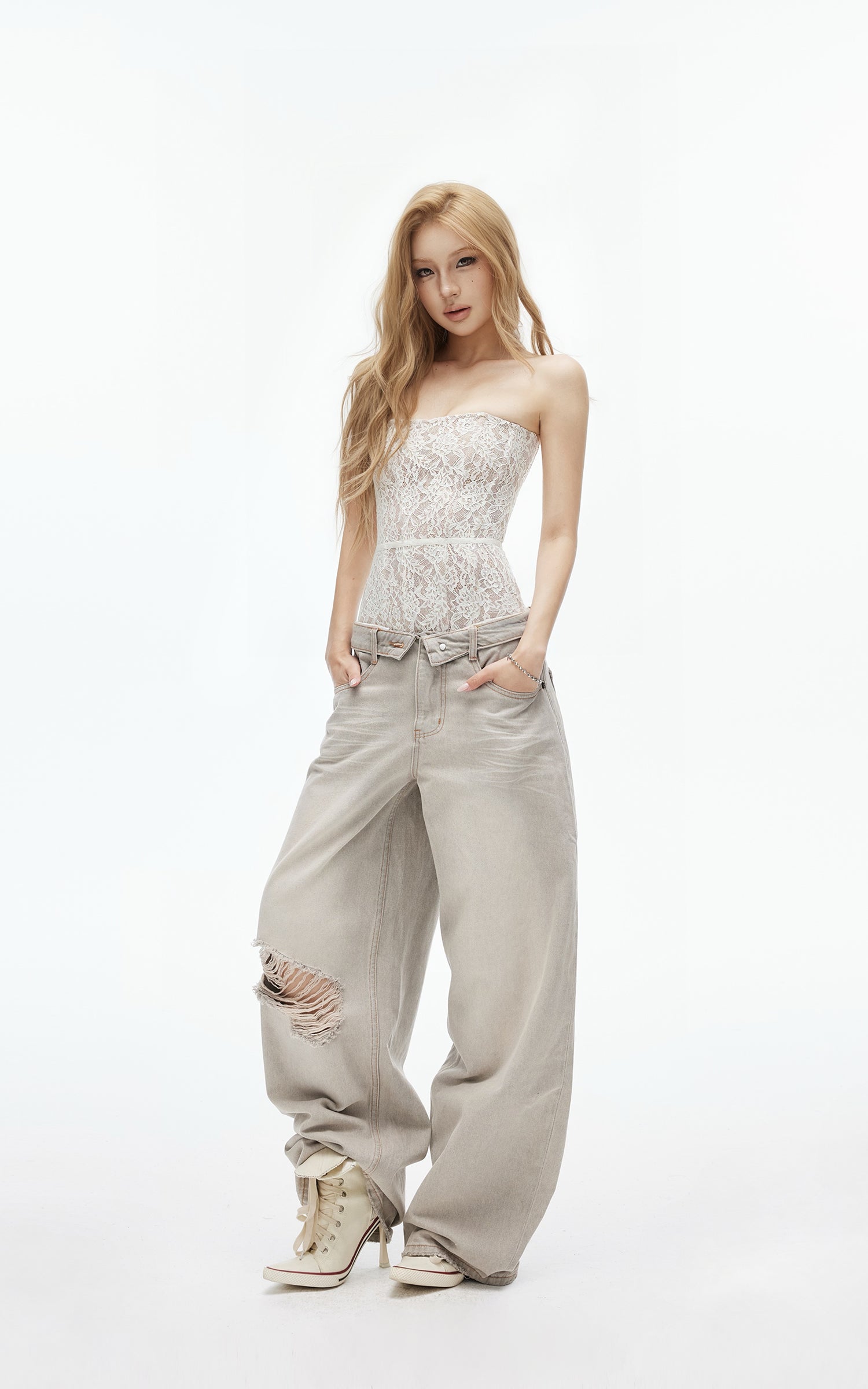IAMXIAA ロマンティック シアー フローラル レース コルセット チューブ トップ