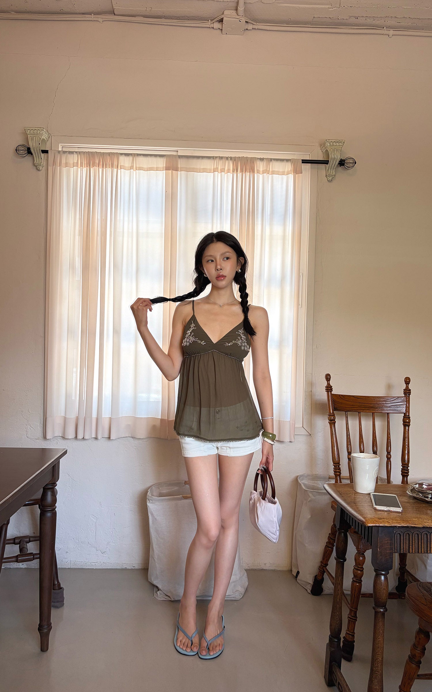 Hydrae Embroidered Sheer Babydoll Cami Top