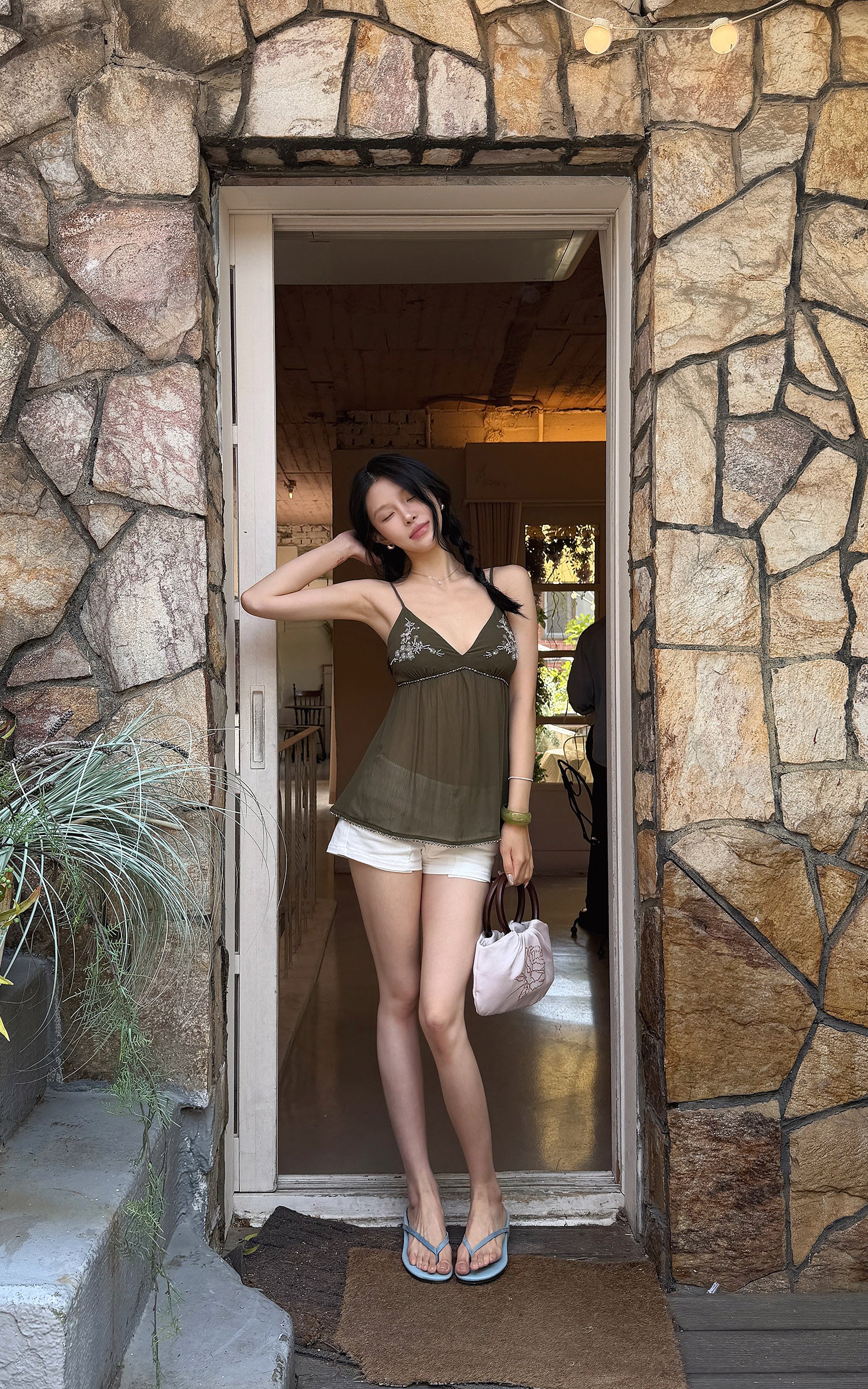 Hydrae Embroidered Sheer Babydoll Cami Top