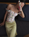 Hydrae Floral Off-Shoulder Lace-Up Corset Top