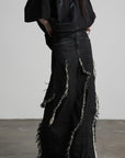 DOINDULGE Low-Rise Frayed Denim Maxi Skirt