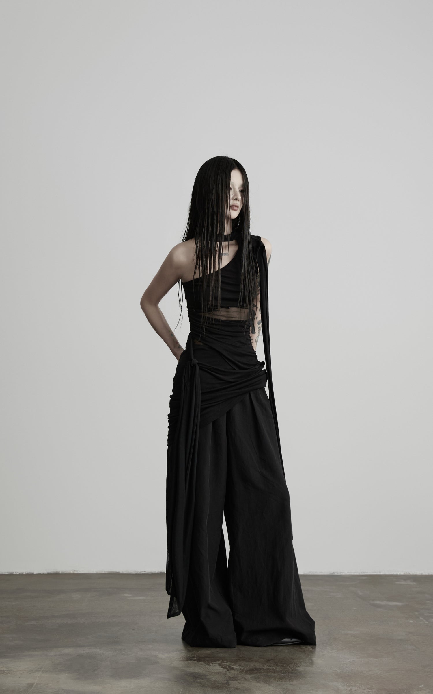 DOINDULGE One-Shoulder Sheer Draped Mini Dress