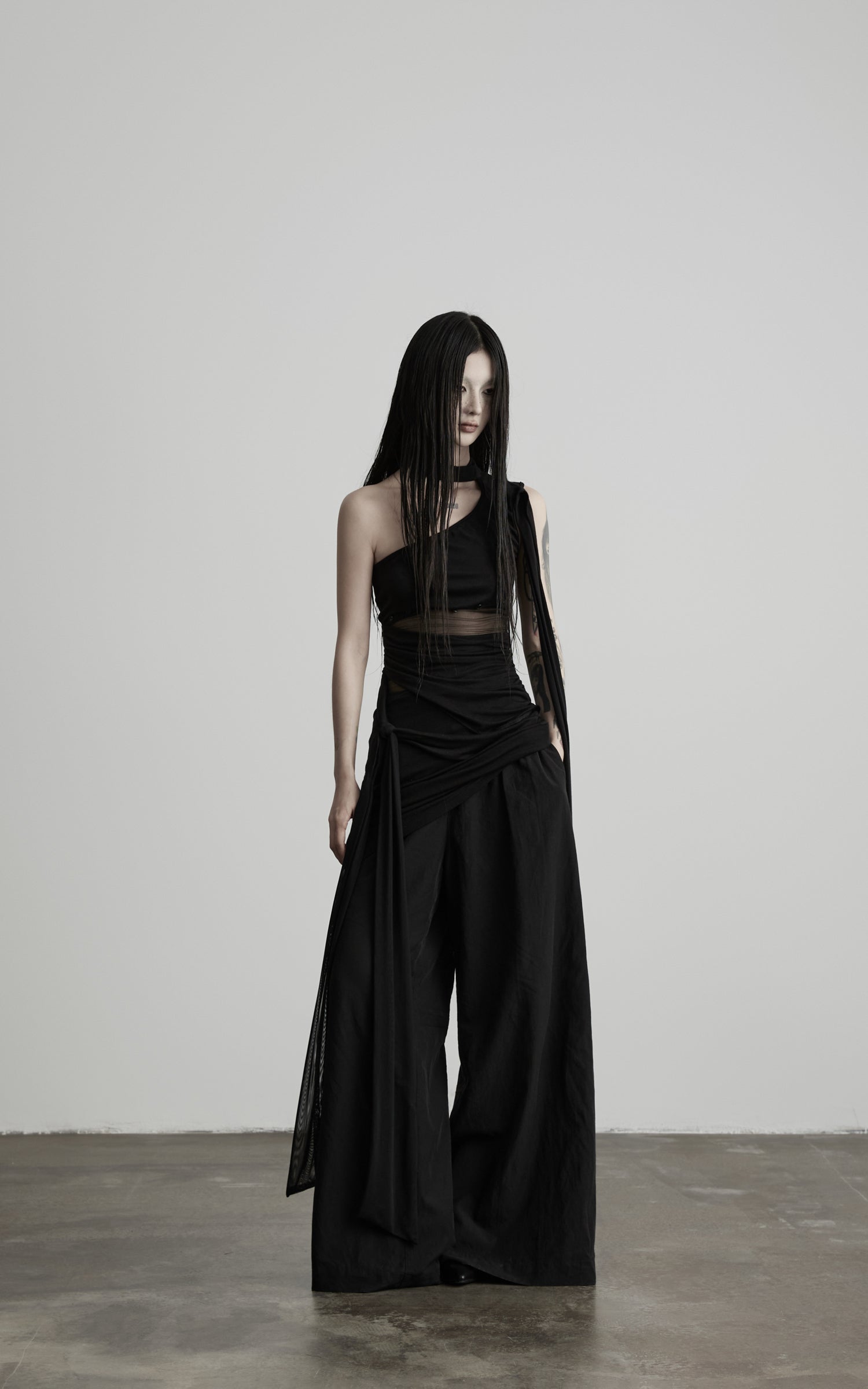 DOINDULGE One-Shoulder Sheer Draped Mini Dress