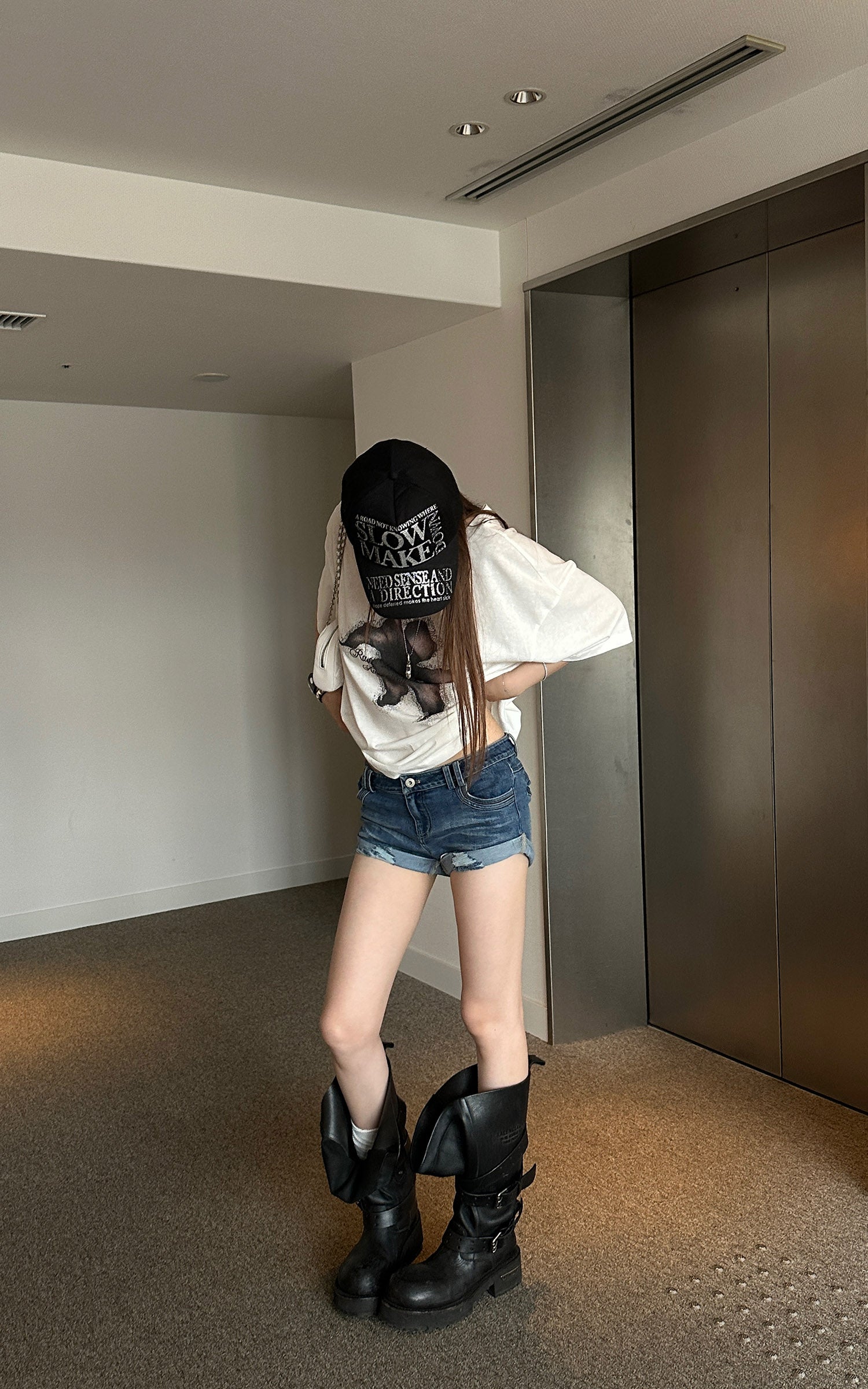 Rase le sol Distressed Denim Mini Shorts with Back Graphic Print and Raw Hem Detail