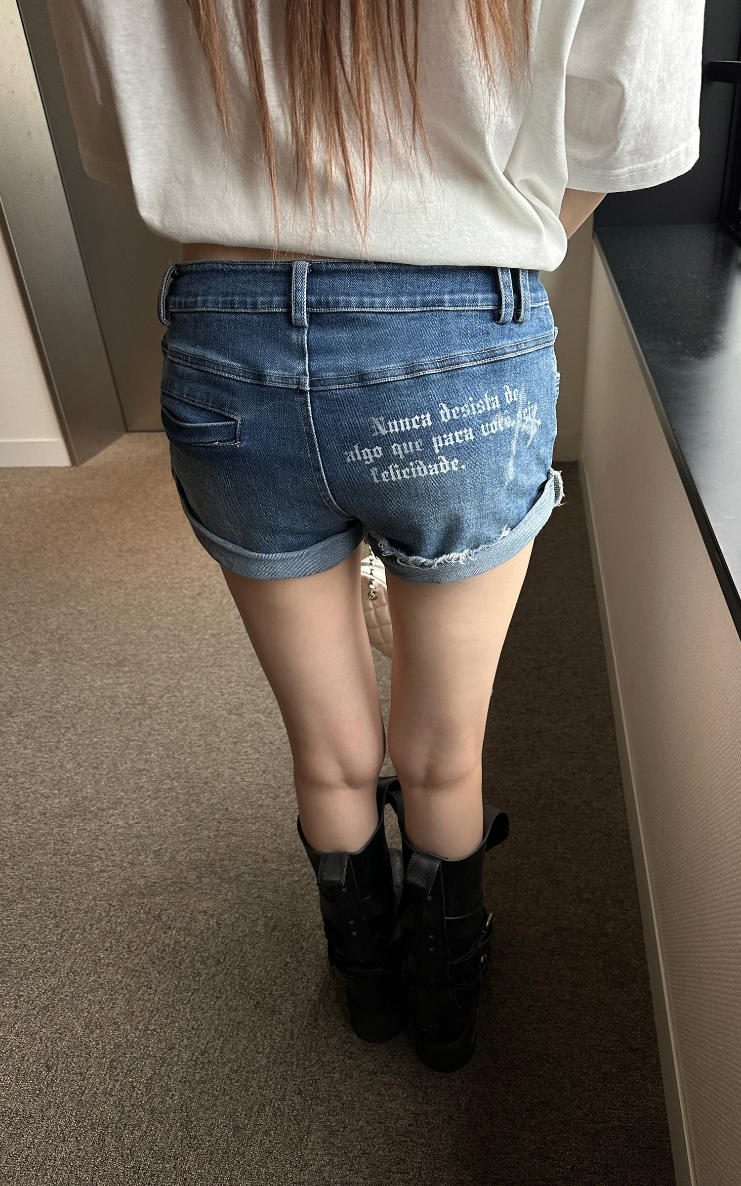 Rase le sol Distressed Denim Mini Shorts with Back Graphic Print and Raw Hem Detail