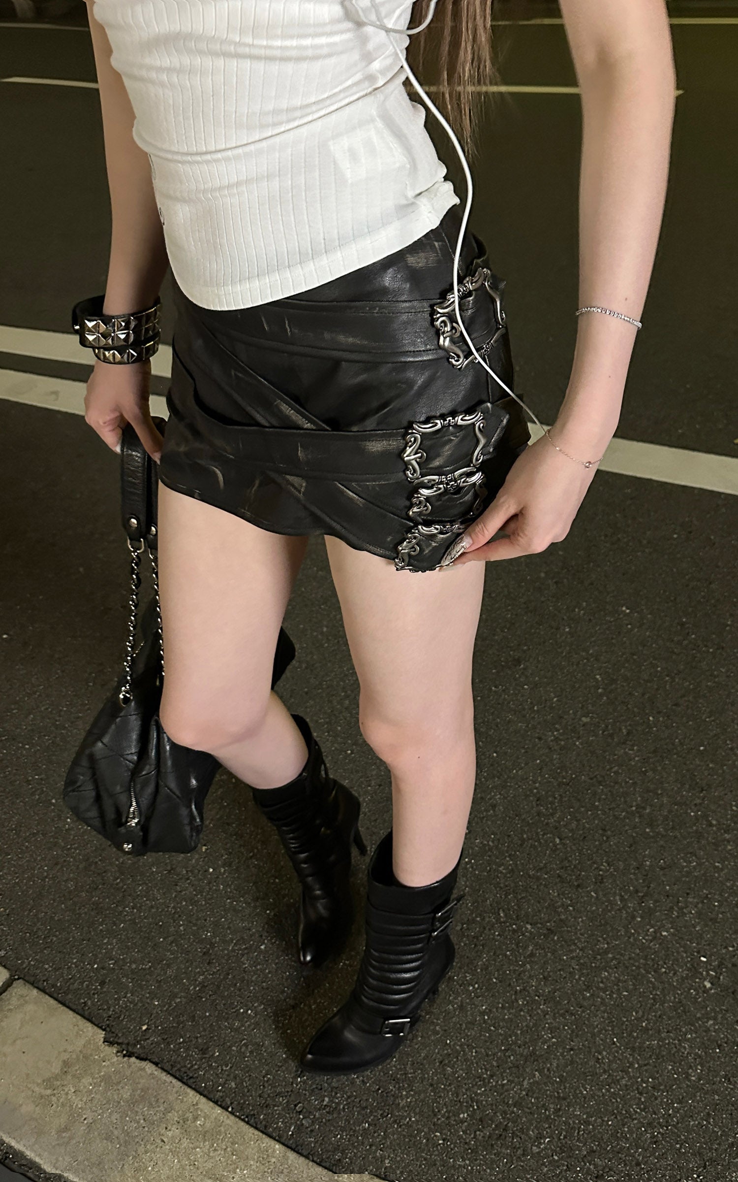 Rase le sol Distressed Faux Leather Buckle-Wrap Micro Skirt