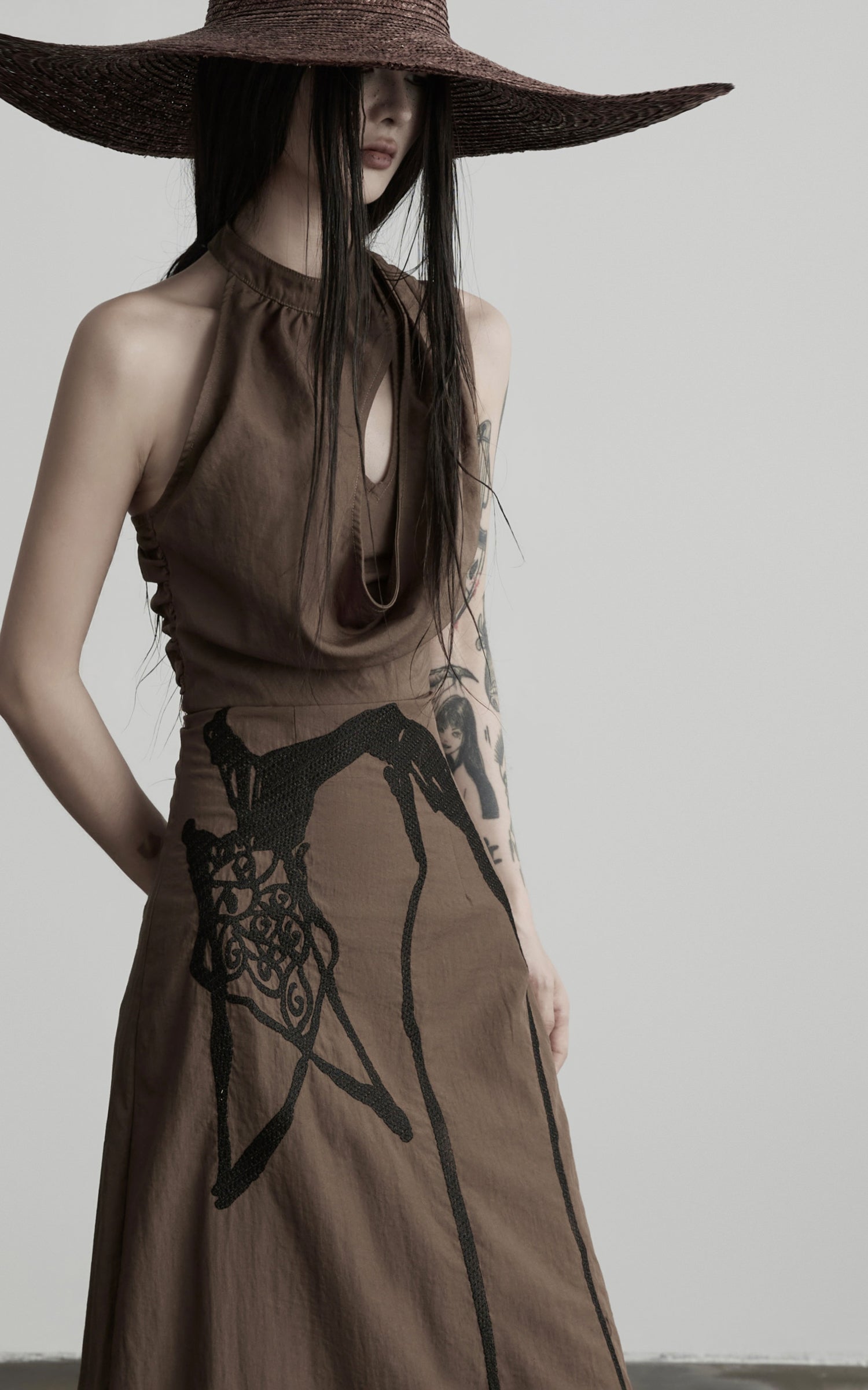 DOINDULGE Halter Cowl Neck Embroidered Maxi Dress