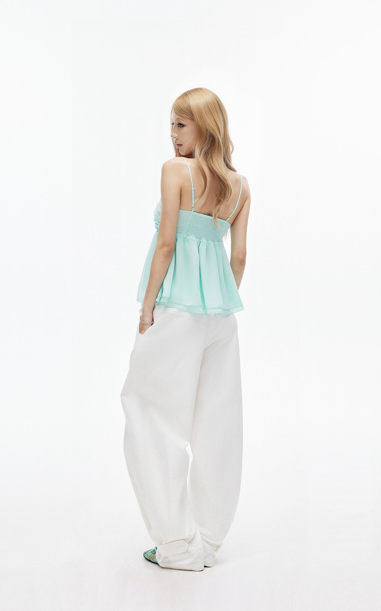 IAMXIAA Mint Chiffon Ruched Babydoll Cami Top