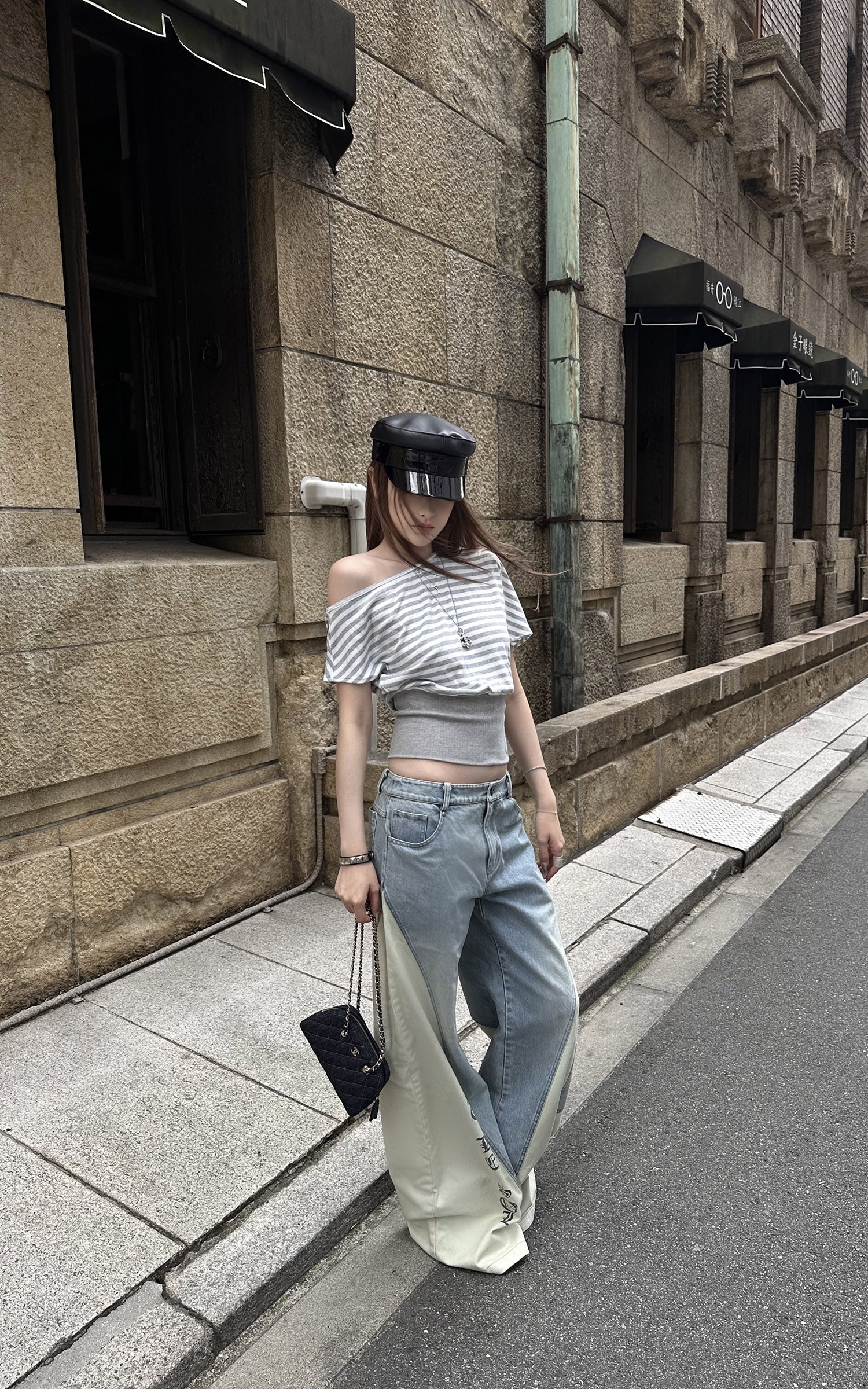 Rase le sol Color-Block Patchwork Wide-Leg Denim Pants