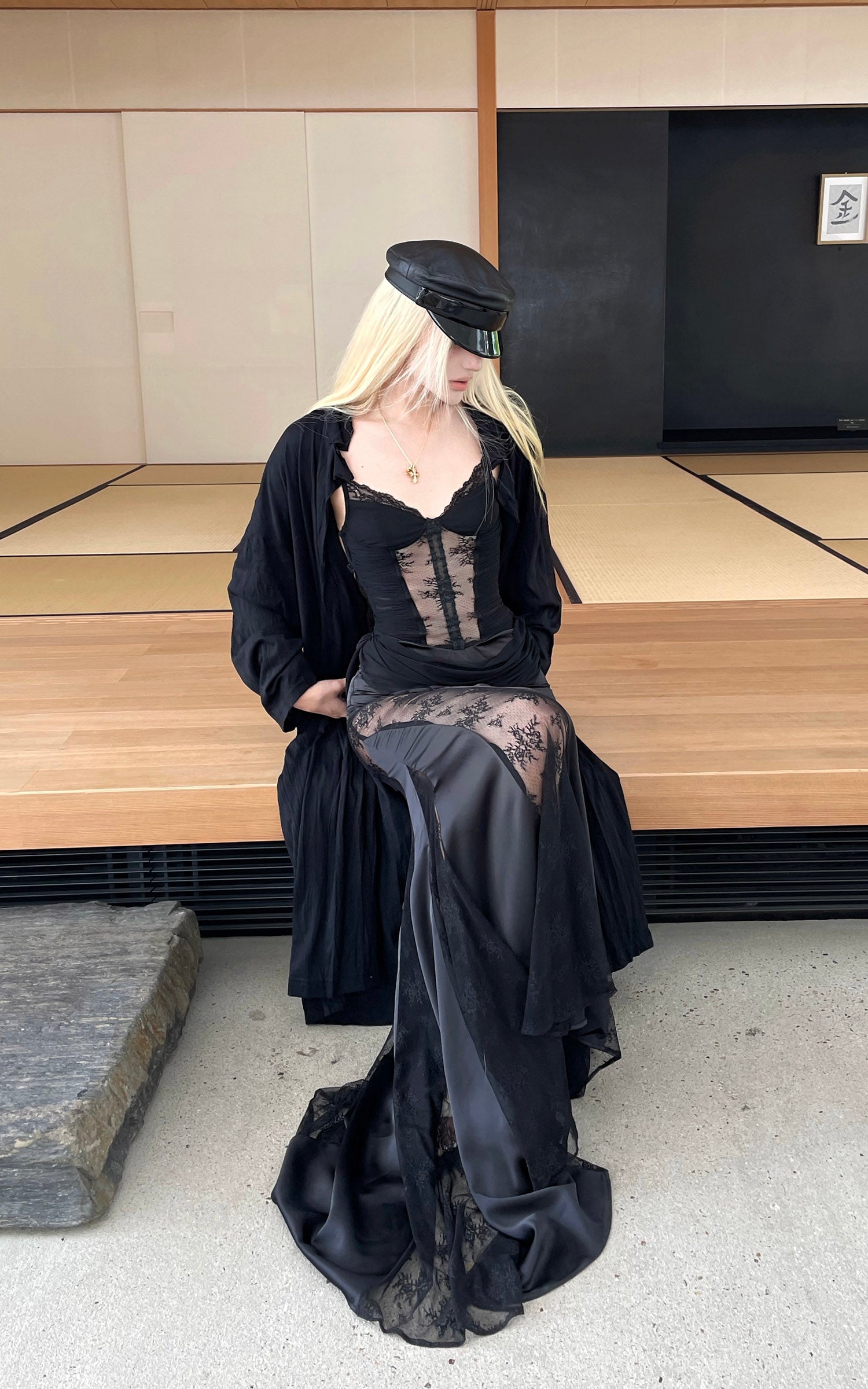 Rase le sol Sheer Lace Paneled Slip Maxi Dress
