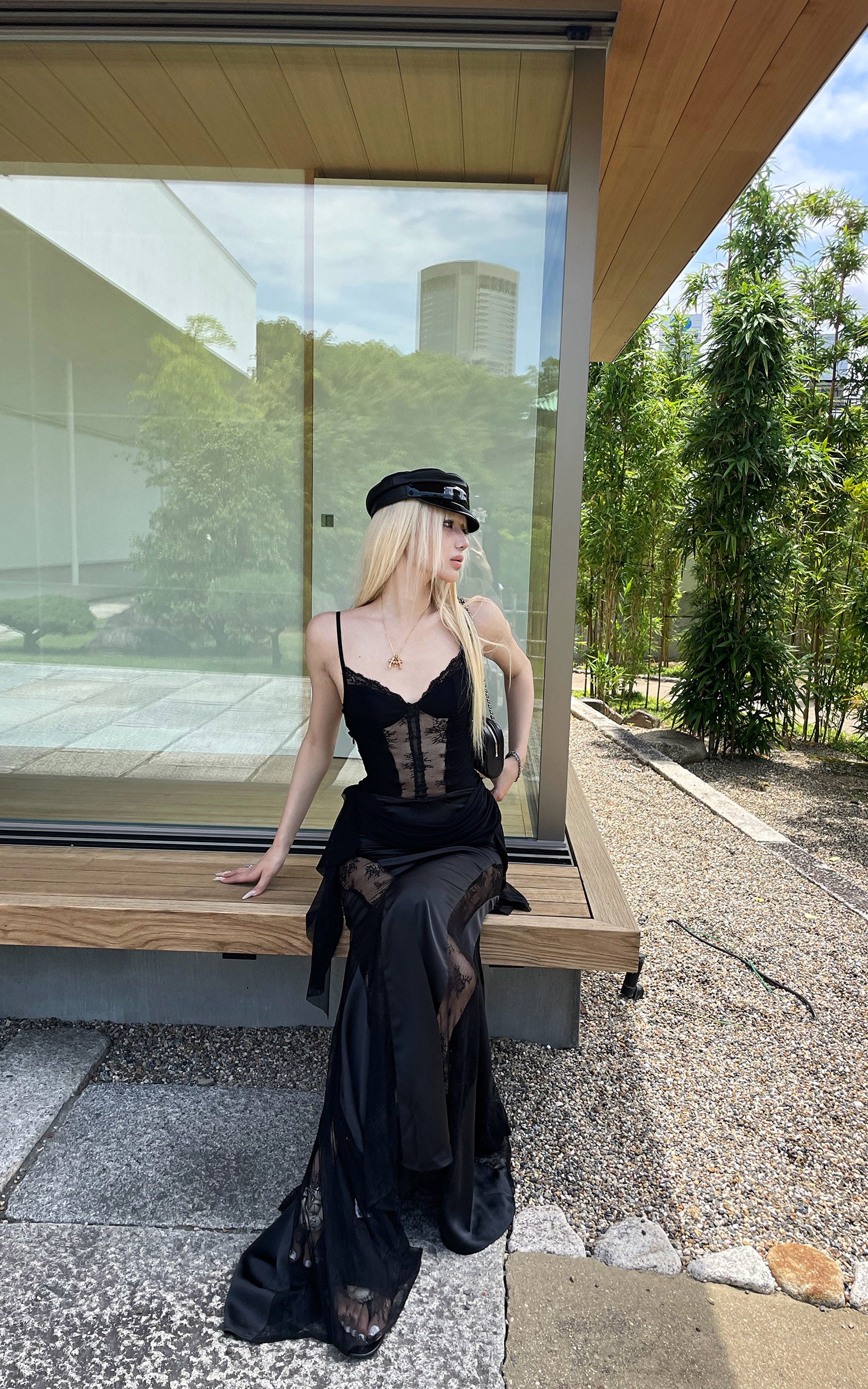 Rase le sol Sheer Lace Paneled Slip Maxi Dress
