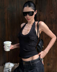 ROVENTE Khaki Halter Tie Ribbed Tank Top