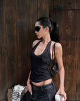 ROVENTE Khaki Halter Tie Ribbed Tank Top