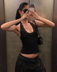 ROVENTE Khaki Halter Tie Ribbed Tank Top