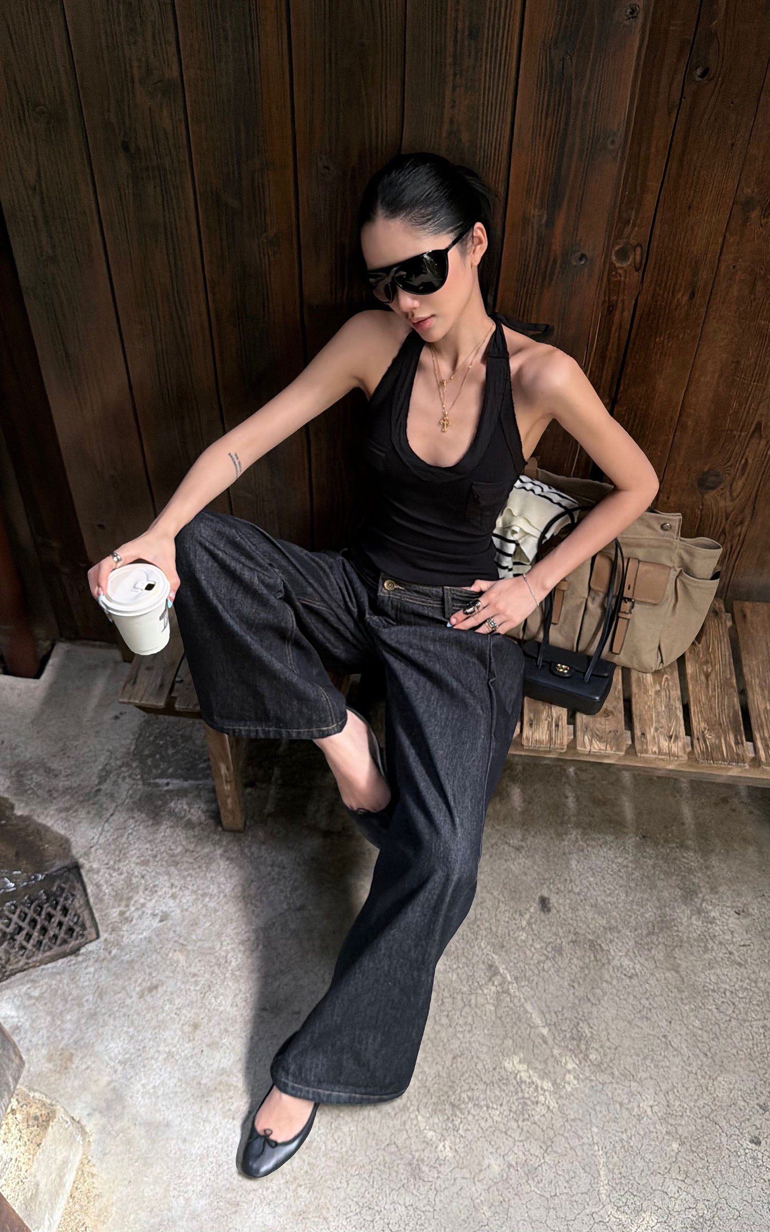 ROVENTE Khaki Halter Tie Ribbed Tank Top