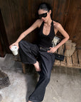 ROVENTE Khaki Halter Tie Ribbed Tank Top