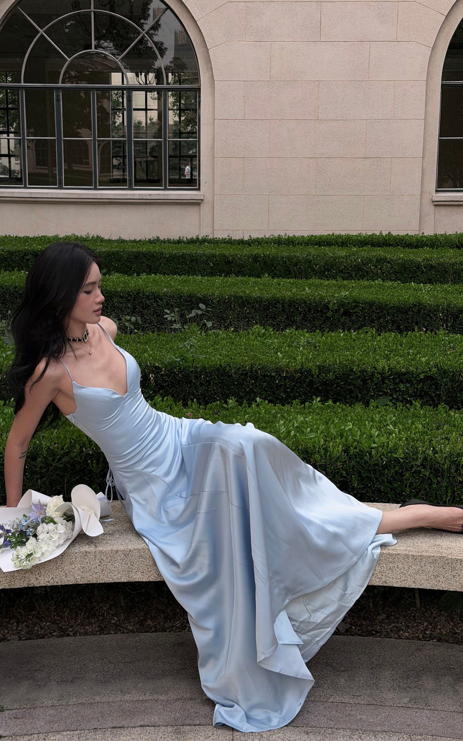 ROVENTE Lace-Up Satin Maxi Dress