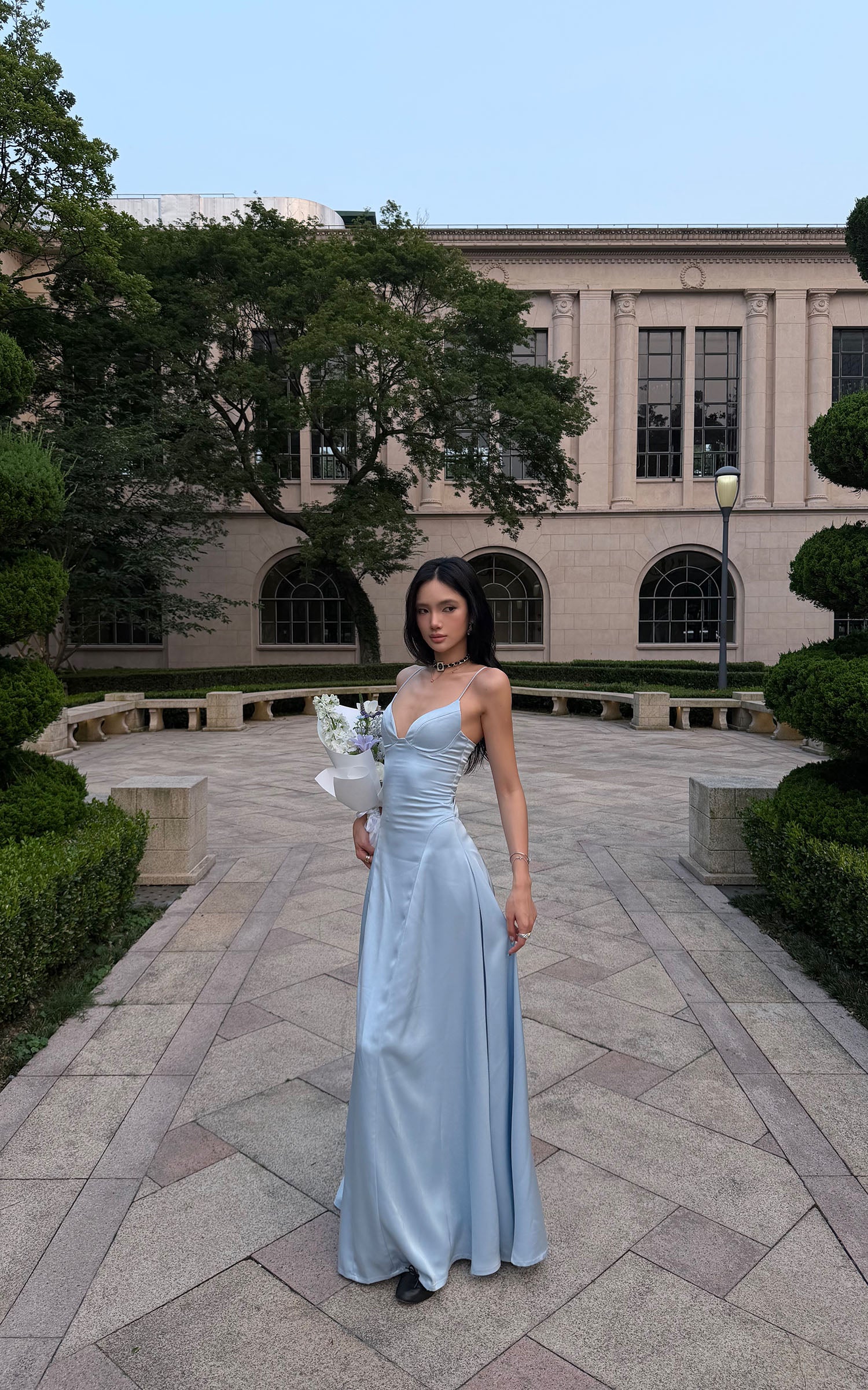 ROVENTE Lace-Up Satin Maxi Dress