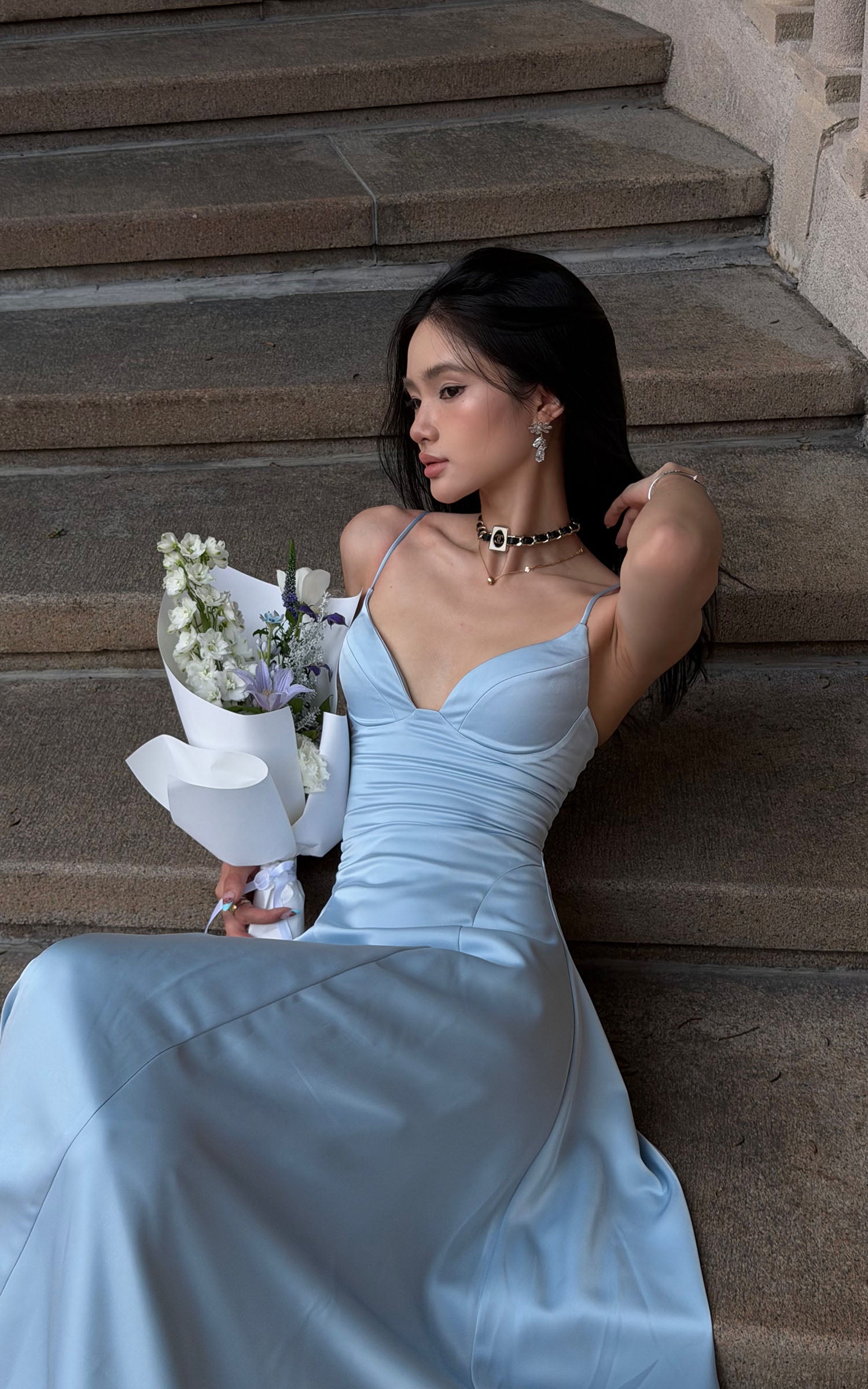 ROVENTE Lace-Up Satin Maxi Dress