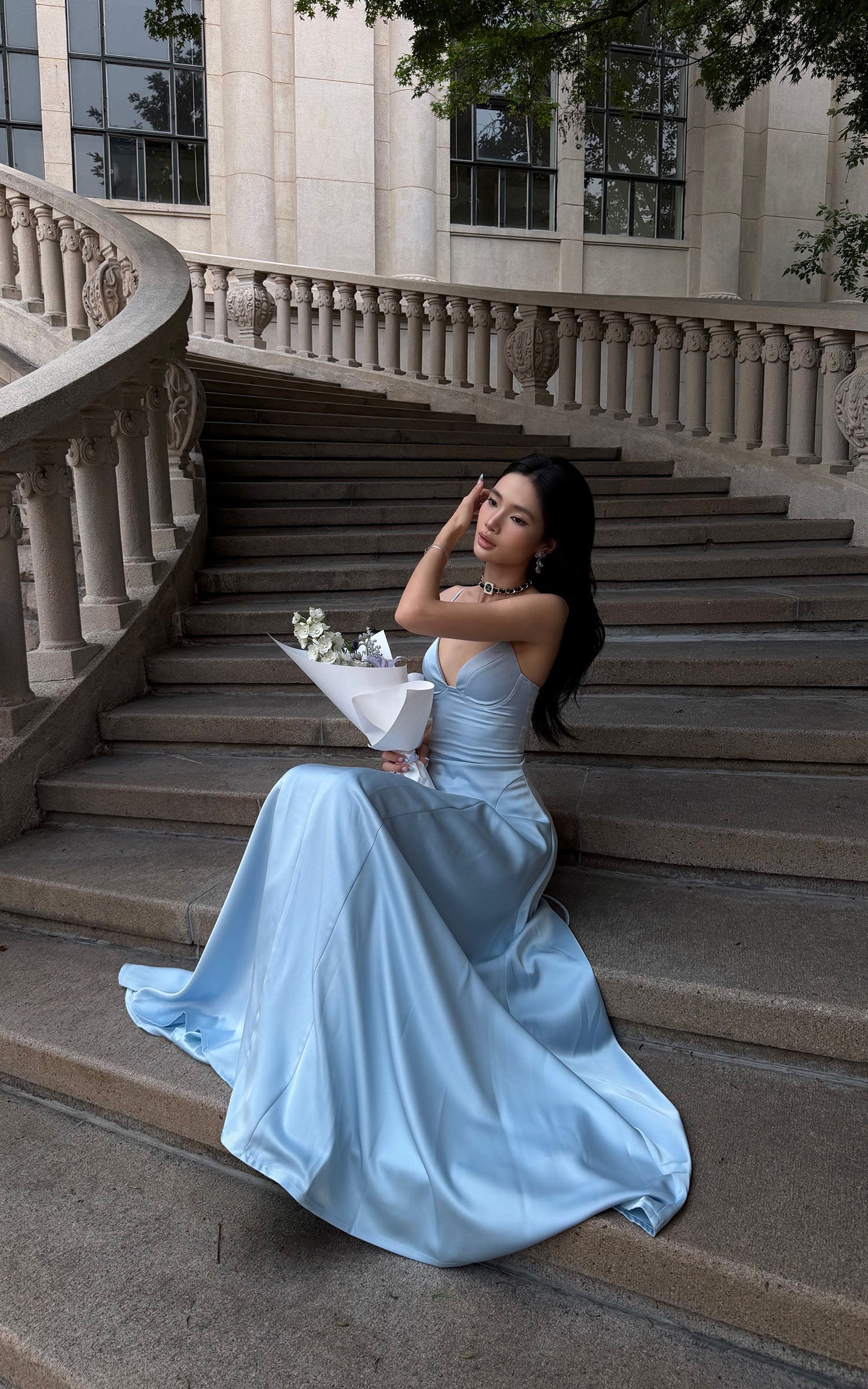 ROVENTE Lace-Up Satin Maxi Dress