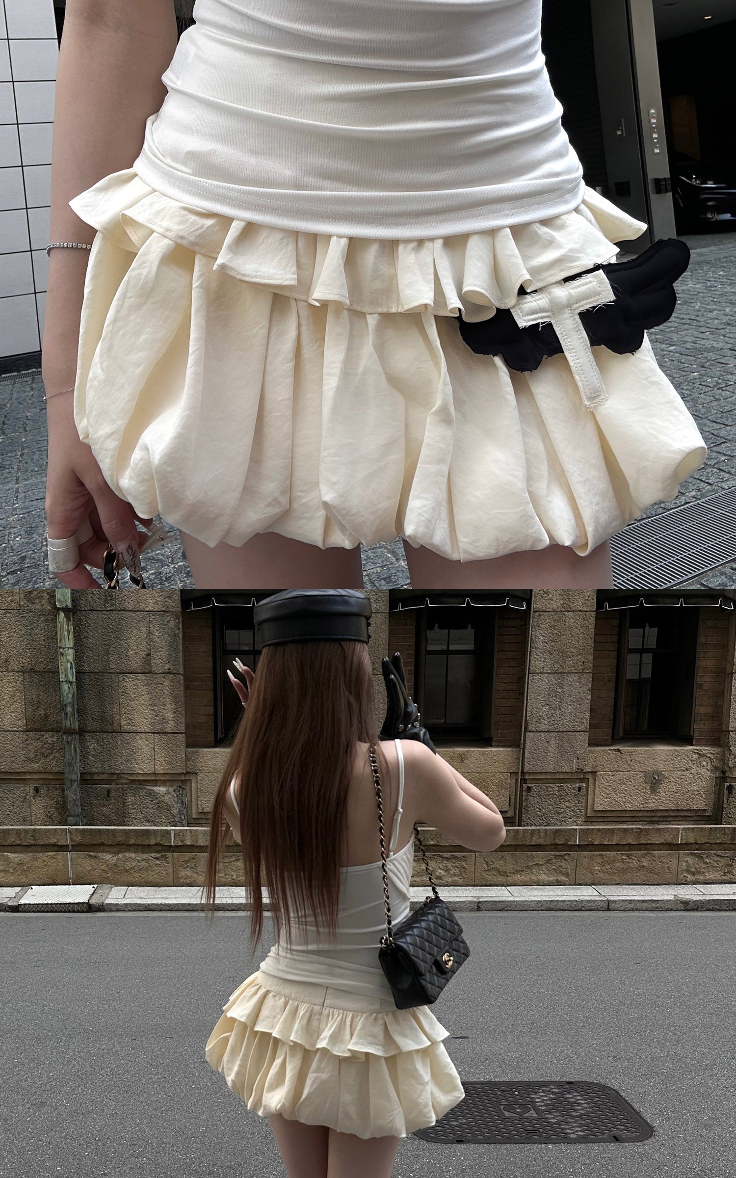 Rase le sol Cream Layered Ruffle Bubble Mini Skirt With Cross-Wing Appliqué