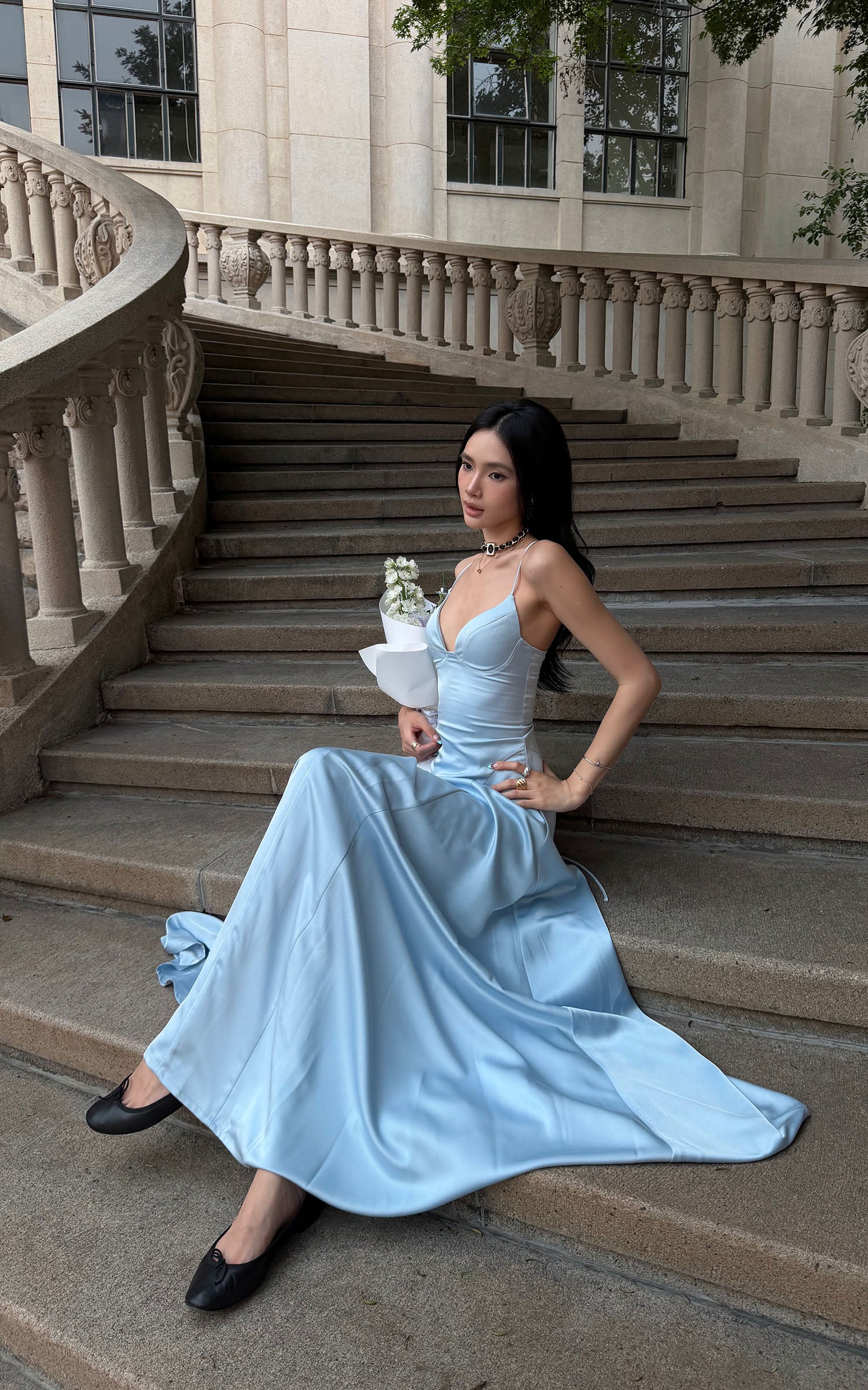 ROVENTE Lace-Up Satin Maxi Dress