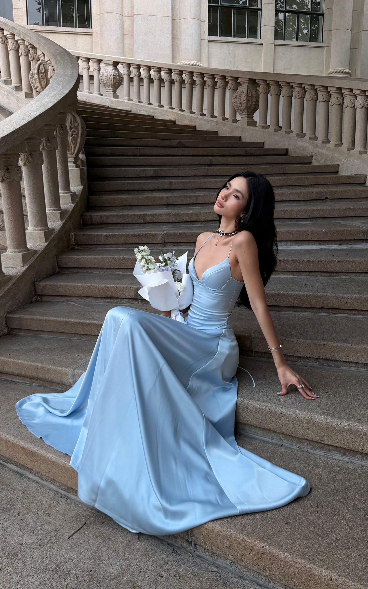 ROVENTE Lace-Up Satin Maxi Dress