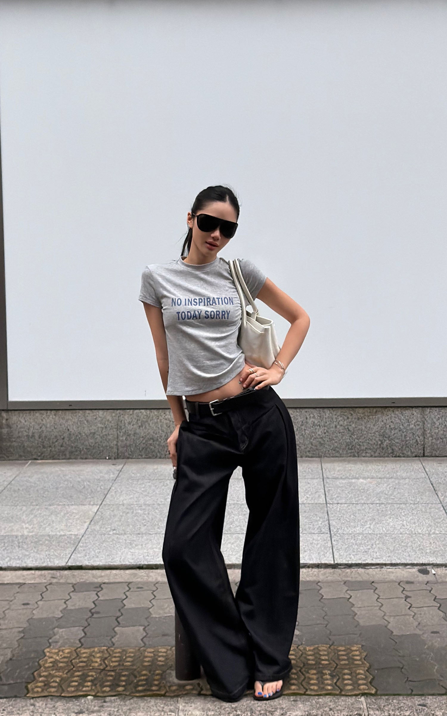 ROVENTE Vintage Grey Fitted Baby Tee with Statement Graphic