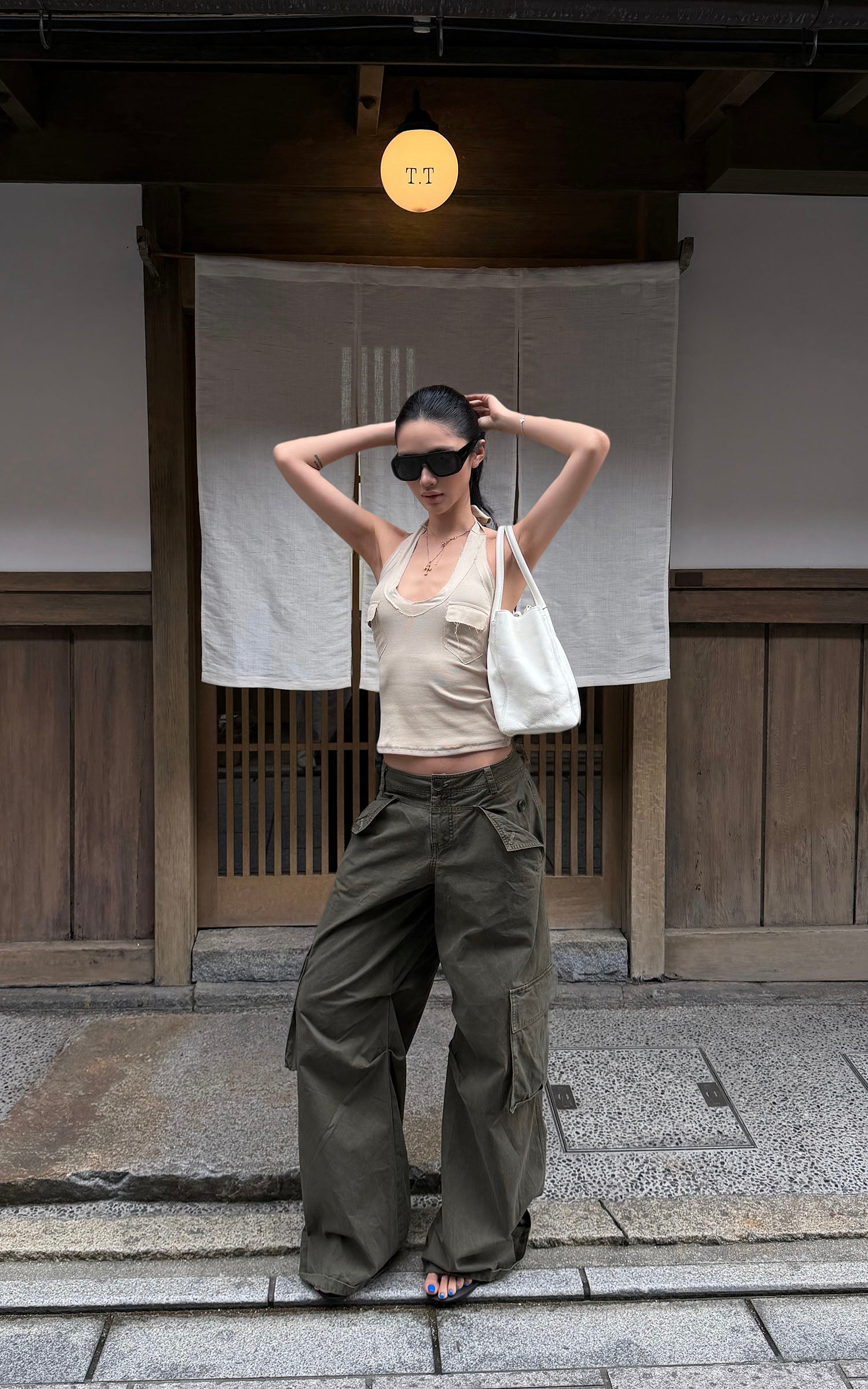 ROVENTE Khaki Halter Tie Ribbed Tank Top