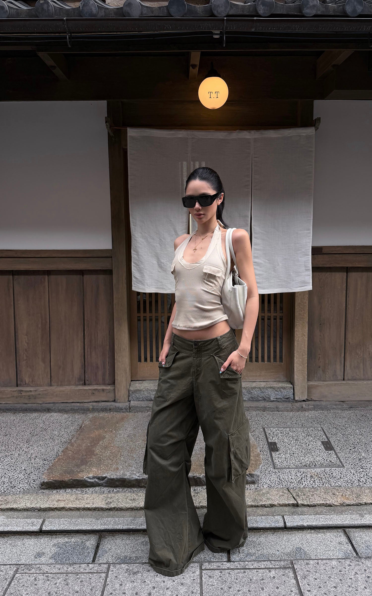 ROVENTE Khaki Halter Tie Ribbed Tank Top