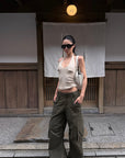 ROVENTE Khaki Halter Tie Ribbed Tank Top