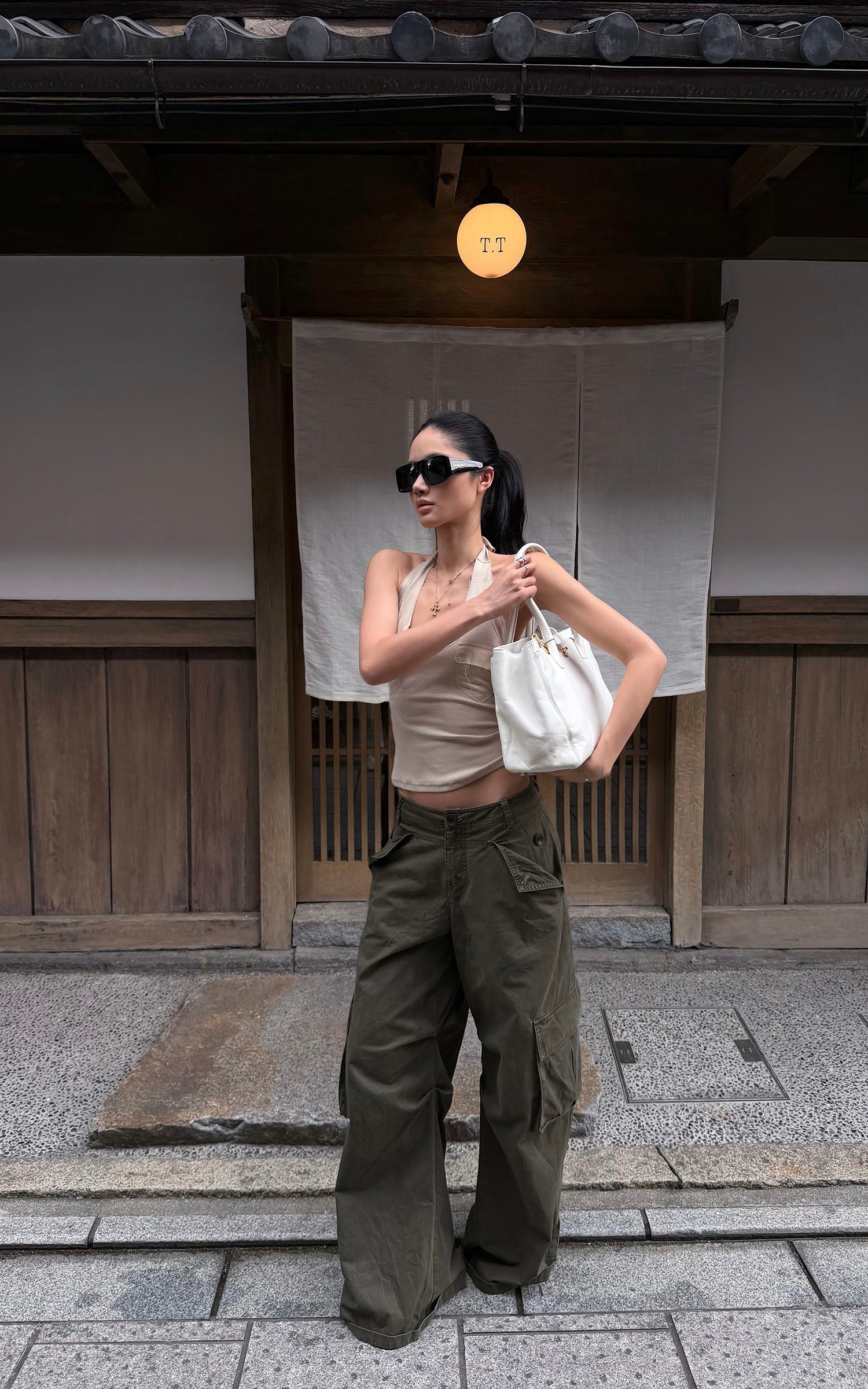 ROVENTE Khaki Halter Tie Ribbed Tank Top