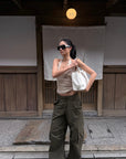 ROVENTE Khaki Halter Tie Ribbed Tank Top
