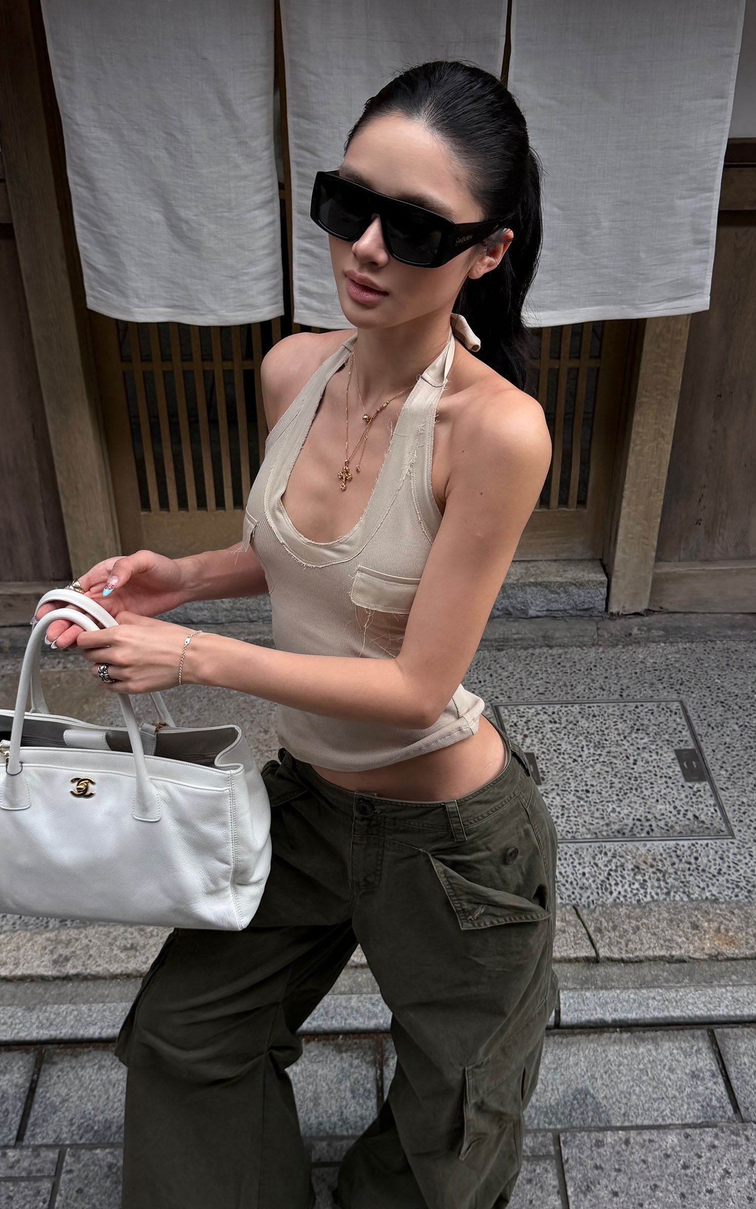 ROVENTE Khaki Halter Tie Ribbed Tank Top