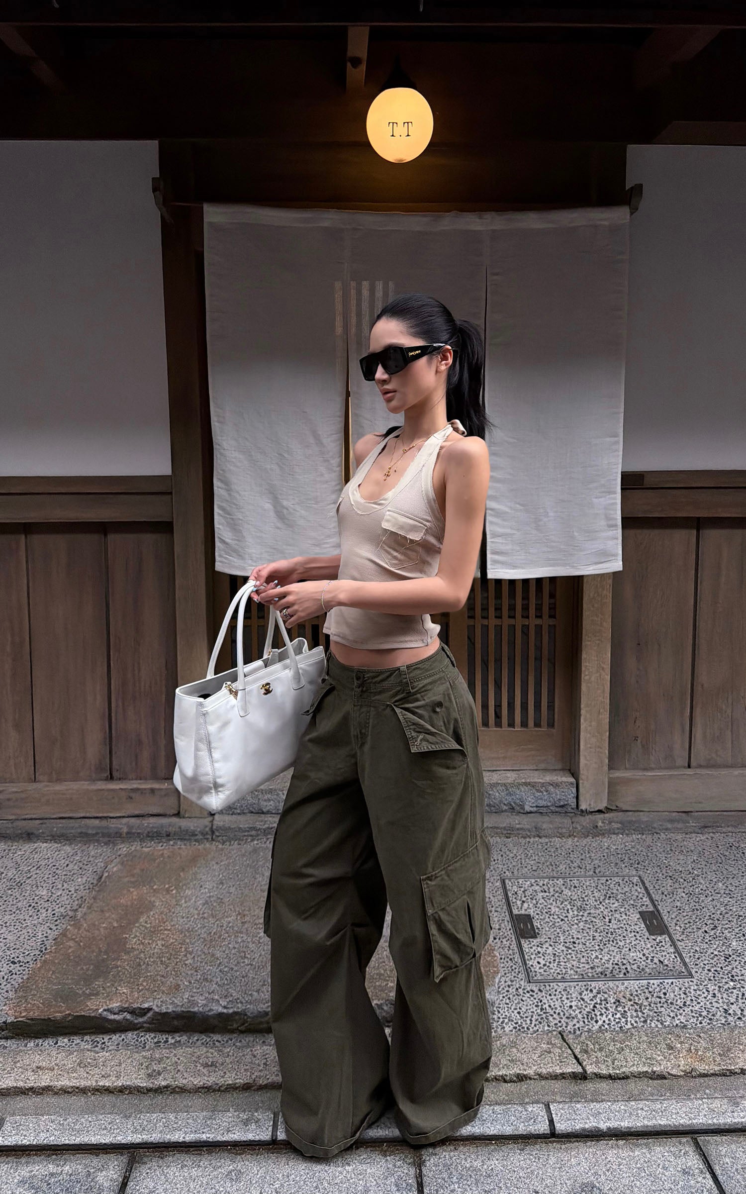 ROVENTE Khaki Halter Tie Ribbed Tank Top